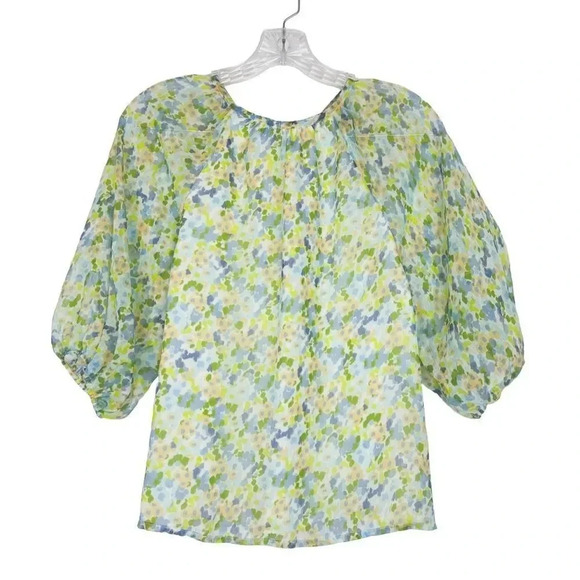 A&F Floral Sheer Tunic Blouse Small Multicolor Puff Short Sleeve Tie Front Lined - Picture 4 of 6